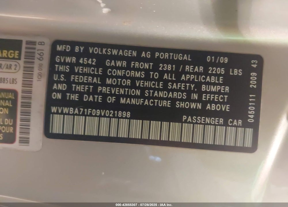 2009 VOLKSWAGEN EOS VIN: WVWBA71F09V021898