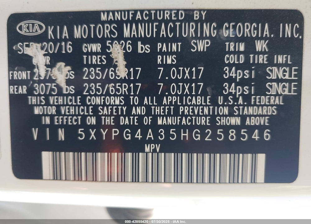 2017 KIA SORENTO VIN: 5XYPG4A35HG258546