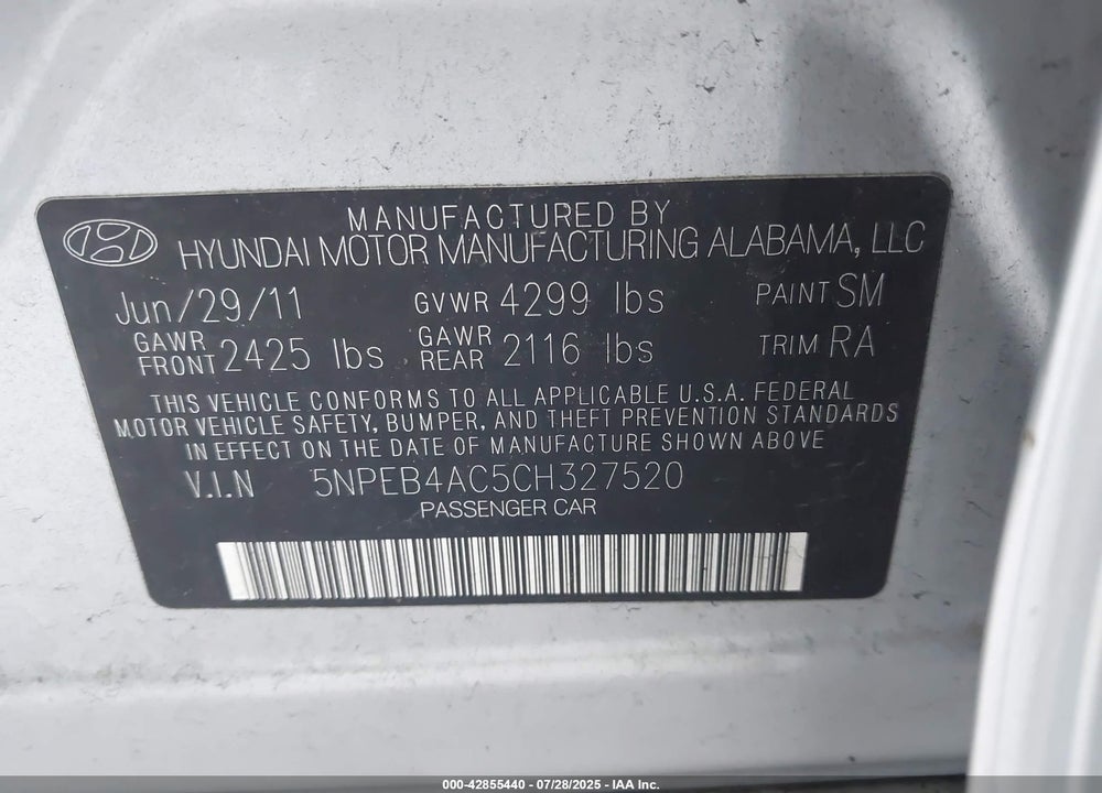 2012 HYUNDAI SONATA VIN: 5NPEB4AC5CH327520