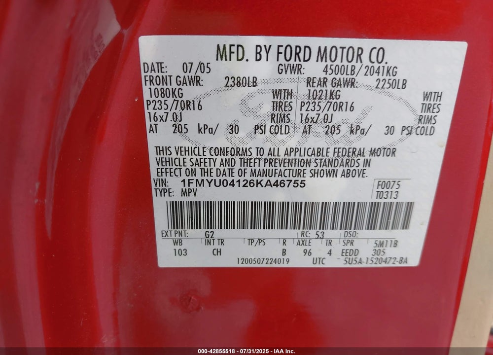 2006 FORD ESCAPE VIN: 1FMYU04126KA46755