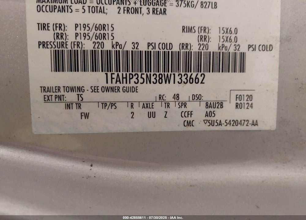 2008 FORD FOCUS VIN: 1FAHP35N38W133662