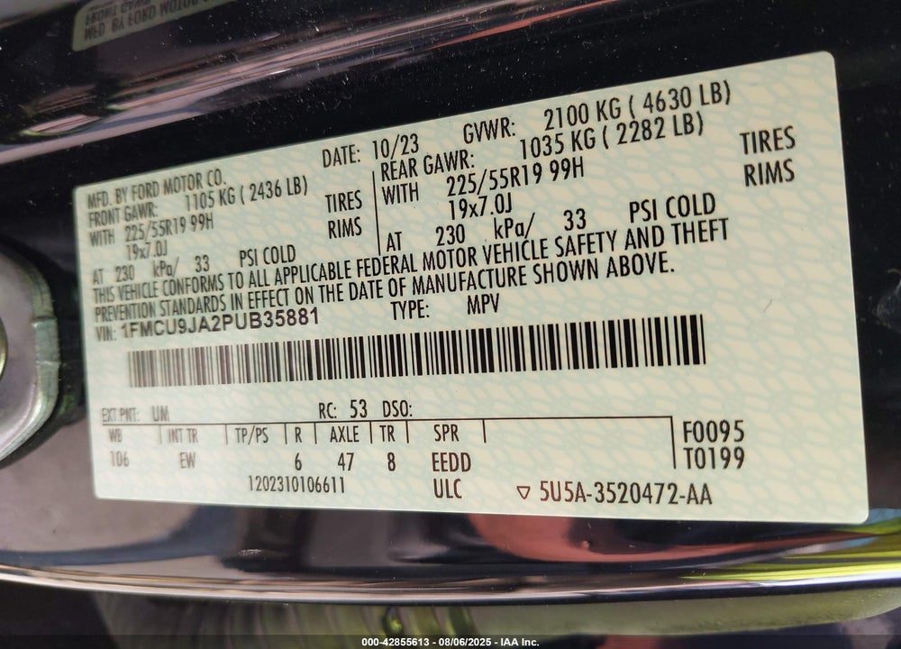2023 FORD ESCAPE PLATINUM VIN: 1FMCU9JA2PUB35881