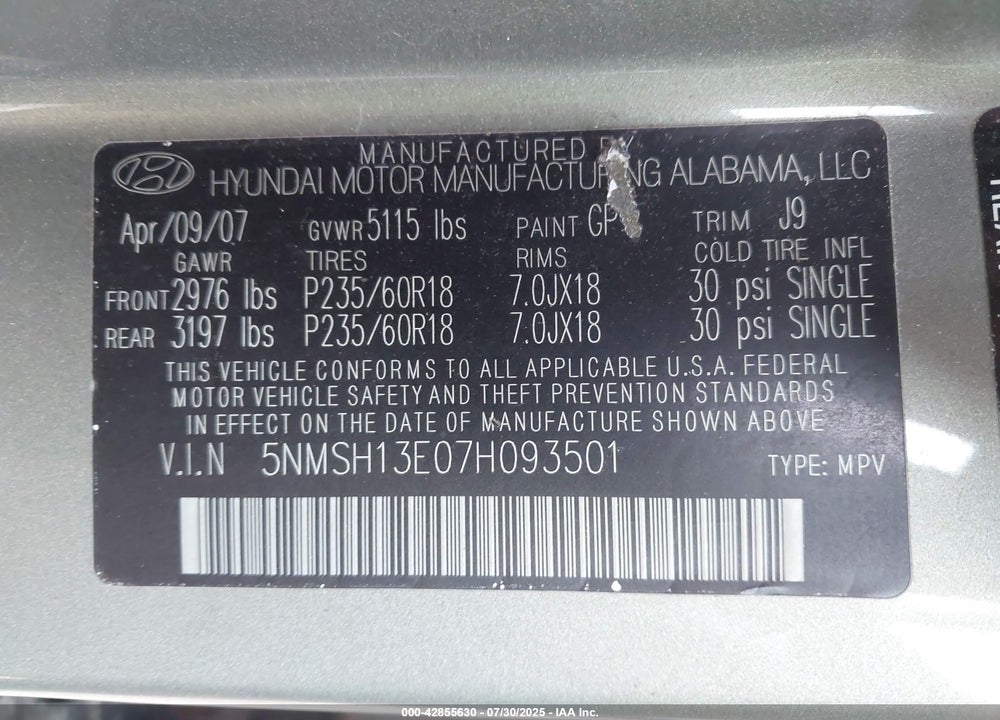 2007 HYUNDAI SANTA FE VIN: 5NMSH13E07H093501