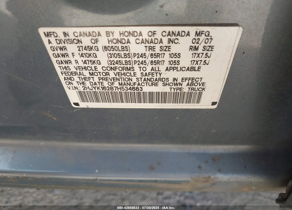 2007 HONDA RIDGELINE VIN: 2HJYK16287H534683