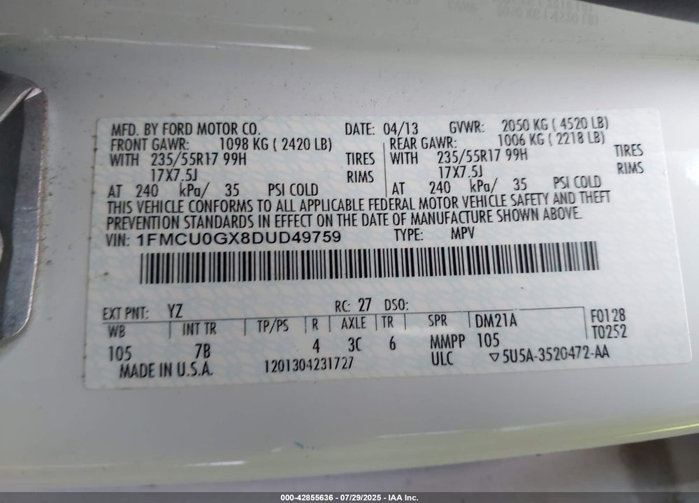 2013 FORD ESCAPE VIN: 1FMCU0GX8DUD49759