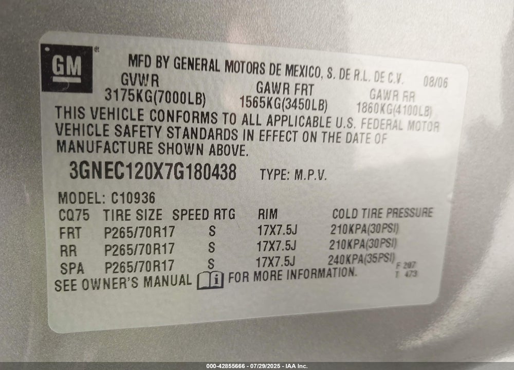 2007 CHEVROLET AVALANCHE 1500 LS VIN: 3GNEC120X7G180438