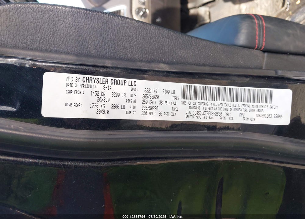 2014 DODGE DURANGO VIN: 1C4SDJCT0EC972860