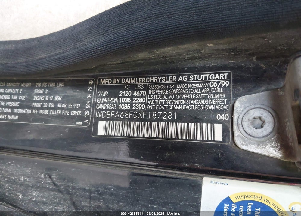 1999 MERCEDES-BENZ SL 500 VIN: WDBFA68F0XF187281