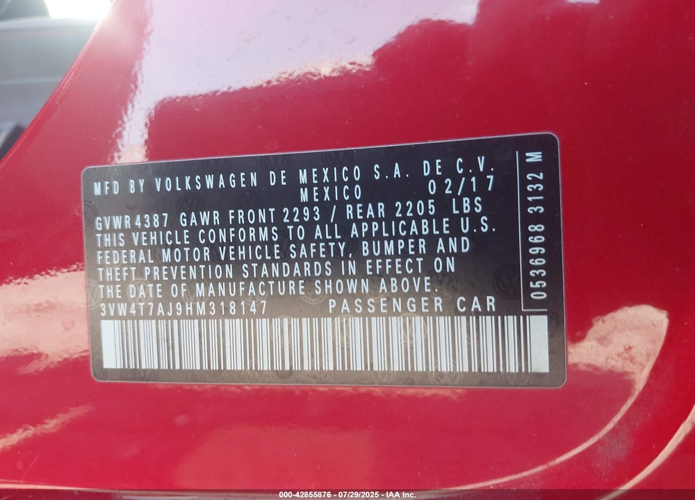 2017 VOLKSWAGEN JETTA VIN: 3VW4T7AJ9HM318147