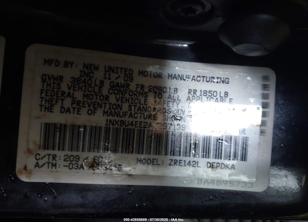 2010 TOYOTA COROLLA VIN: 1NXBU4EE2AZ297139