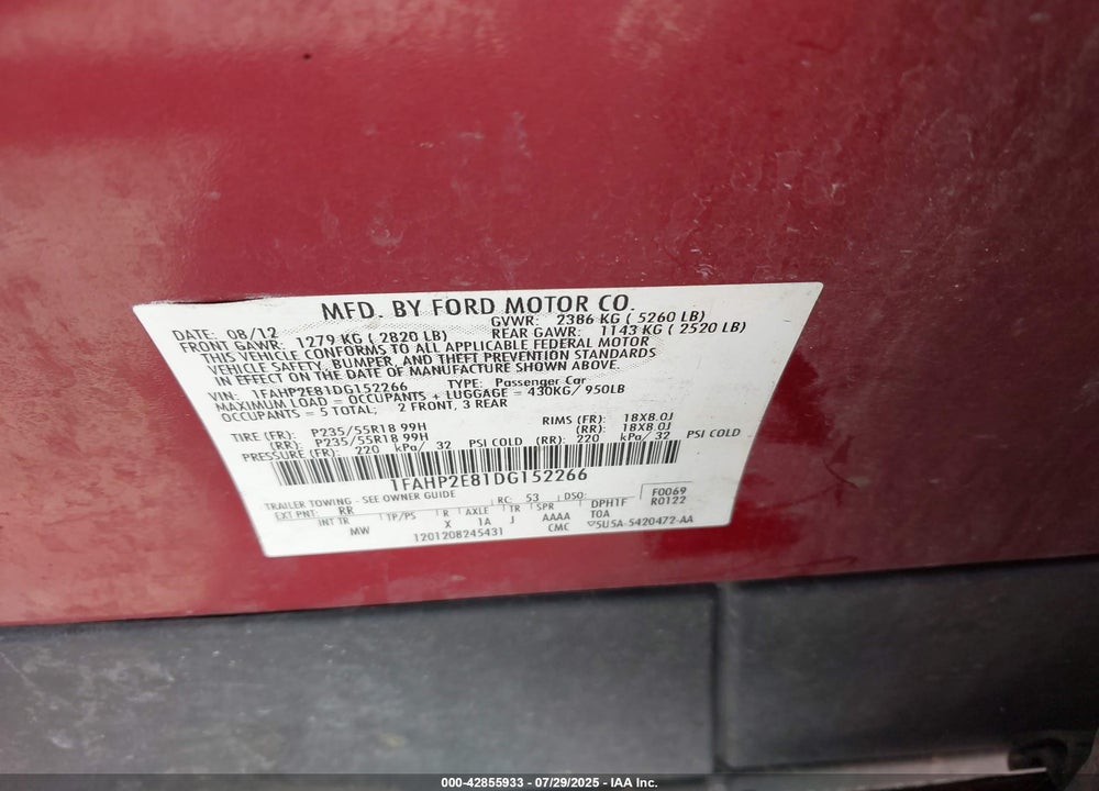 2013 FORD TAURUS SEL VIN: 1FAHP2E81DG152266