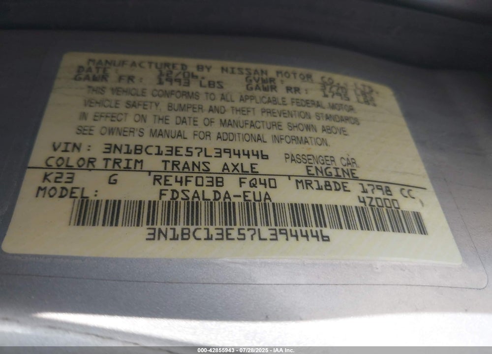 2007 NISSAN VERSA VIN: 3N1BC13E57L394446