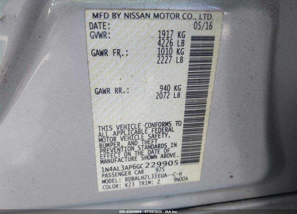 2016 NISSAN ALTIMA VIN: 1N4AL3AP6GC229905