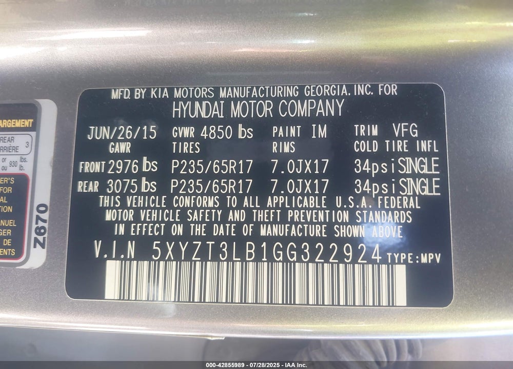 2016 HYUNDAI SANTA FE SPORT VIN: 5XYZT3LB1GG322924