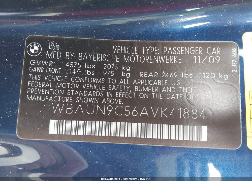 2010 BMW 1 SERIES VIN: WBAUN9C56AVK41884