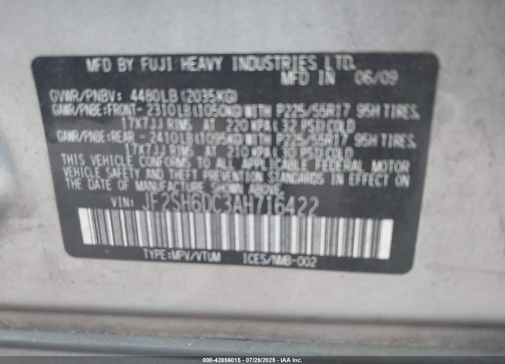 2010 SUBARU FORESTER VIN: JF2SH6DC3AH716422