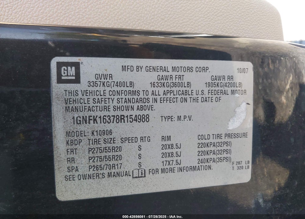 2008 CHEVROLET SUBURBAN 1500 LTZ VIN: 1GNFK16378R154988