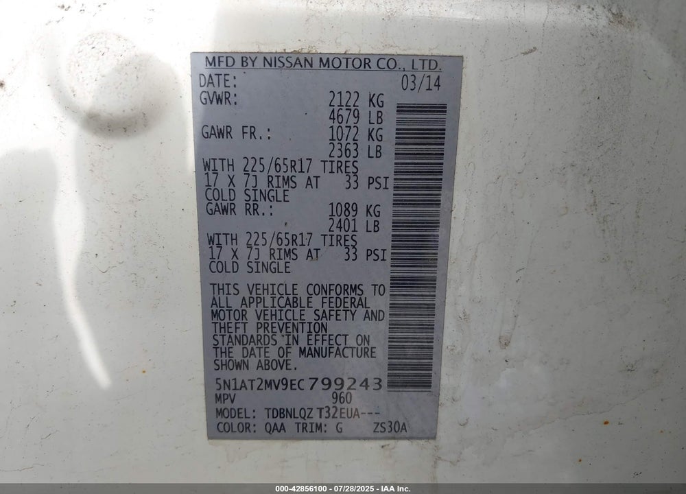 2014 NISSAN ROGUE VIN: 5N1AT2MV9EC799243