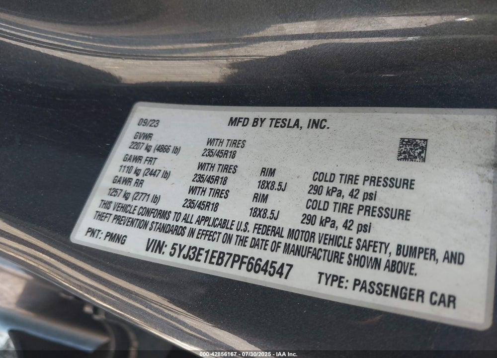 2023 TESLA MODEL 3 VIN: 5YJ3E1EB7PF664547