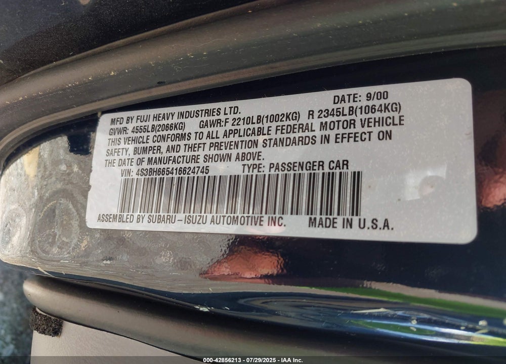 2001 SUBARU OUTBACK VIN: 4S3BH665416624745