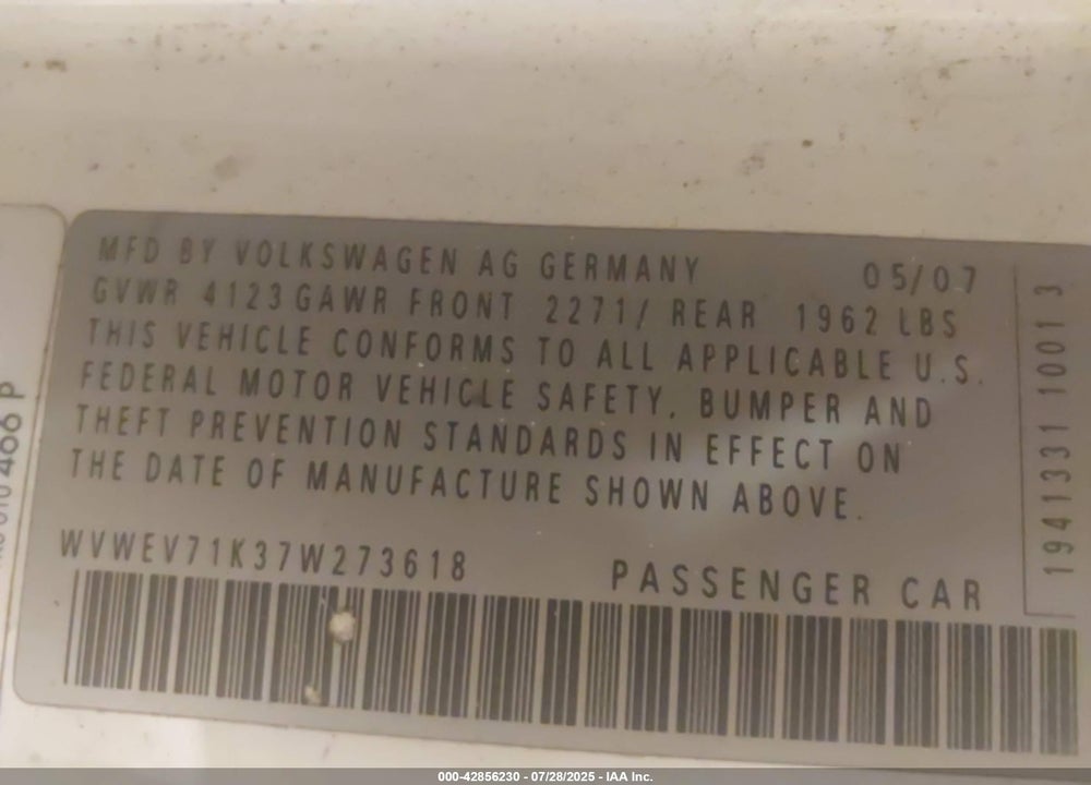 2007 VOLKSWAGEN GTI VIN: WVWEV71K37W273618
