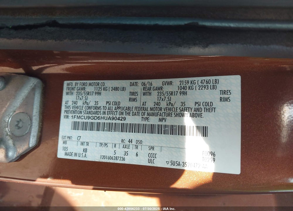 2017 FORD ESCAPE VIN: 1FMCU9GD6HUA90429