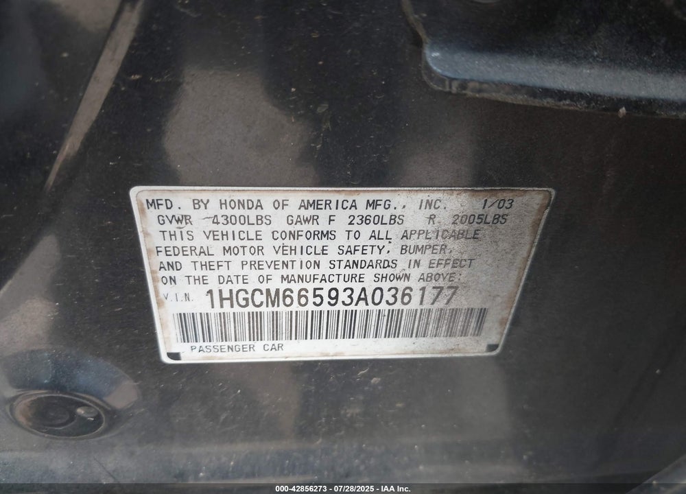 2003 HONDA ACCORD VIN: 1HGCM66593A036177