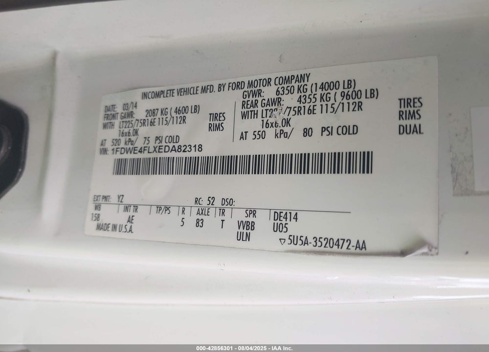 2014 FORD ECONOLINE E450 SUPER DUTY CUTWY VAN VIN: 1FDWE4FLXEDA82318