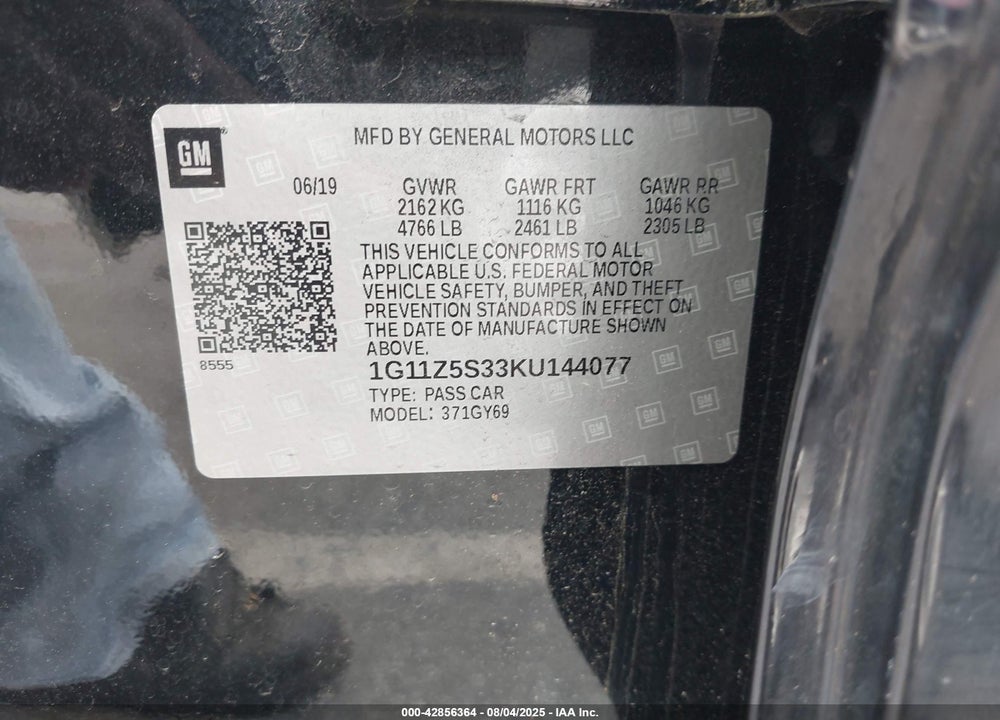 2019 CHEVROLET IMPALA LT VIN: 1G11Z5S33KU144077