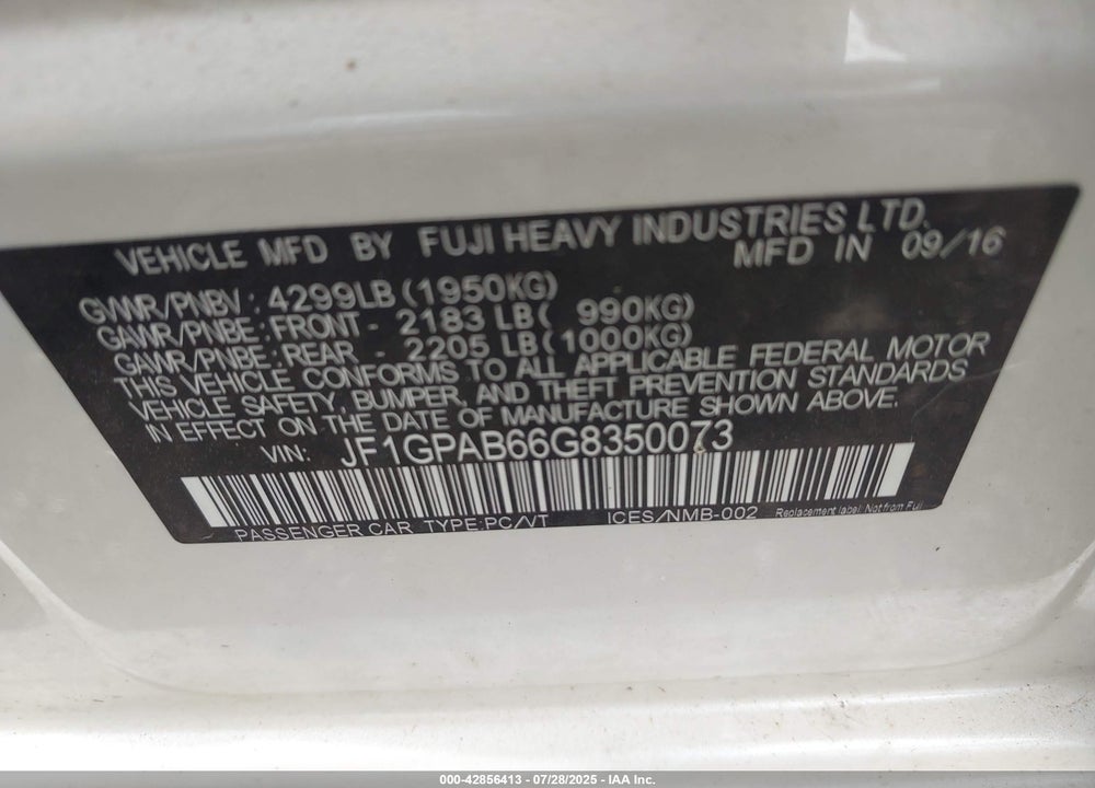 2016 SUBARU IMPREZA VIN: JF1GPAB66G8350073