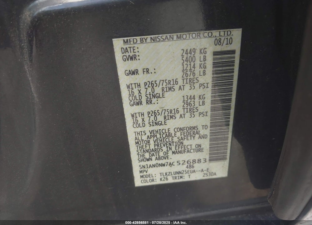2010 NISSAN XTERRA VIN: 5N1AN0NW7AC526883