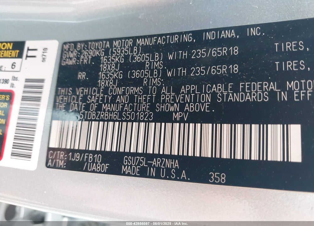 2020 TOYOTA HIGHLANDER LE VIN: 5TDBZRBH6LS501823