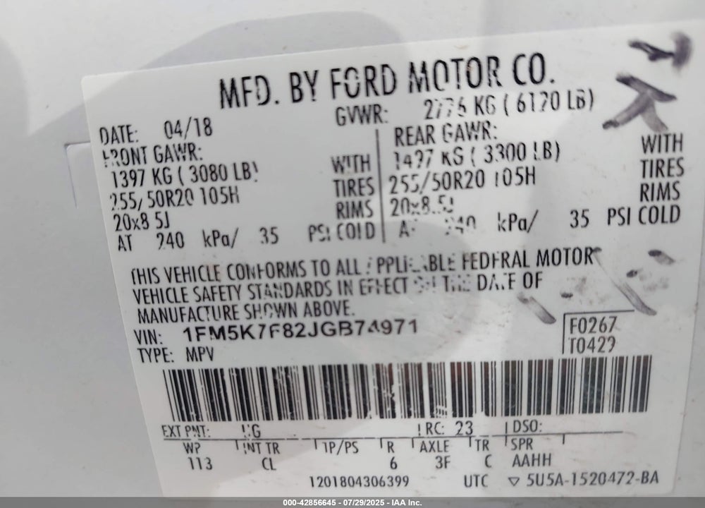 2018 FORD EXPLORER VIN: 1FM5K7F82JGB74971