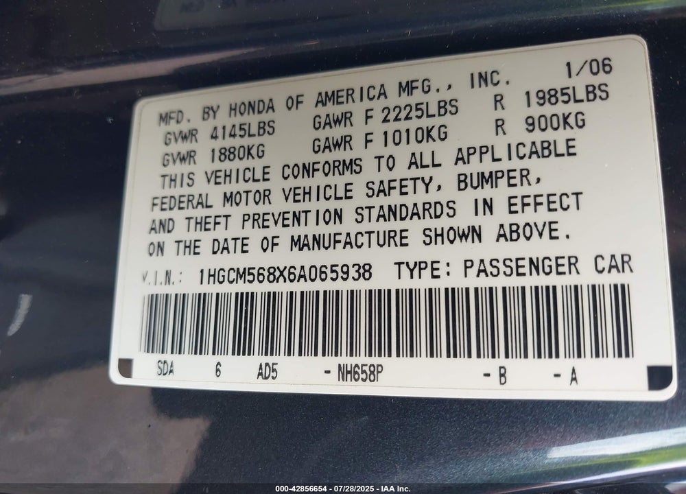2006 HONDA ACCORD VIN: 1HGCM568X6A065938