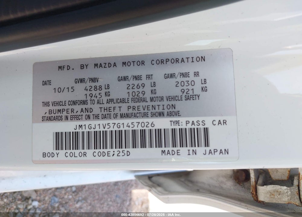 2016 MAZDA 6 VIN: JM1GJ1V57G1457026