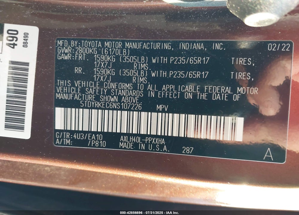 2022 TOYOTA SIENNA XLE VIN: 5TDYRKEC6NS107226