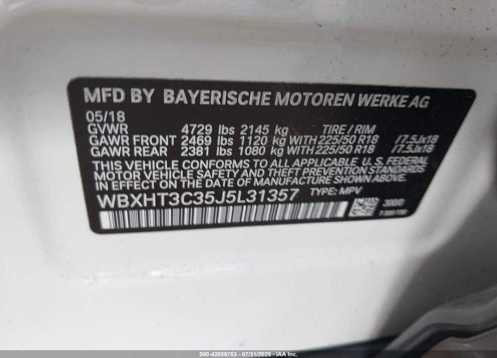 2018 BMW X1 VIN: WBXHT3C35J5L31357