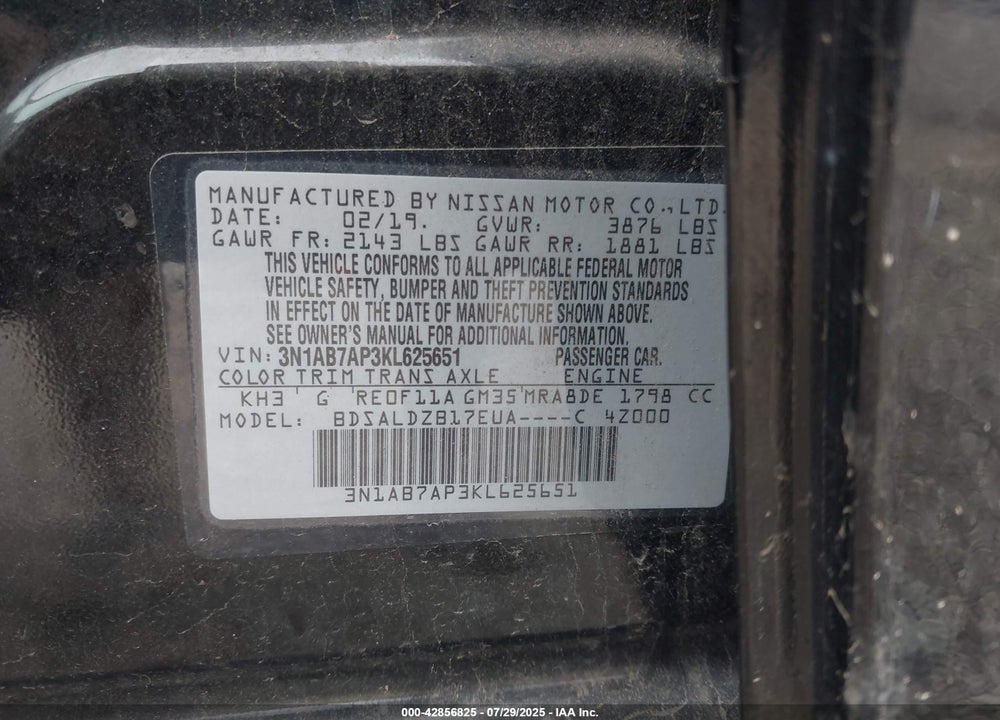 2019 NISSAN SENTRA VIN: 3N1AB7AP3KL625651