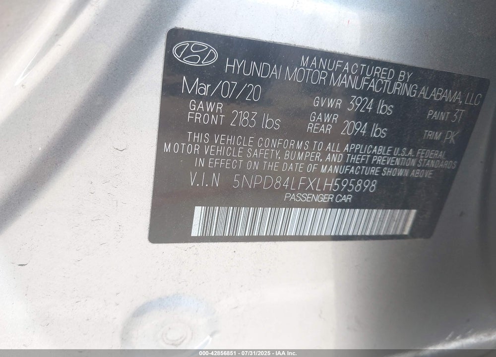 2020 HYUNDAI ELANTRA SEL VIN: 5NPD84LFXLH595898