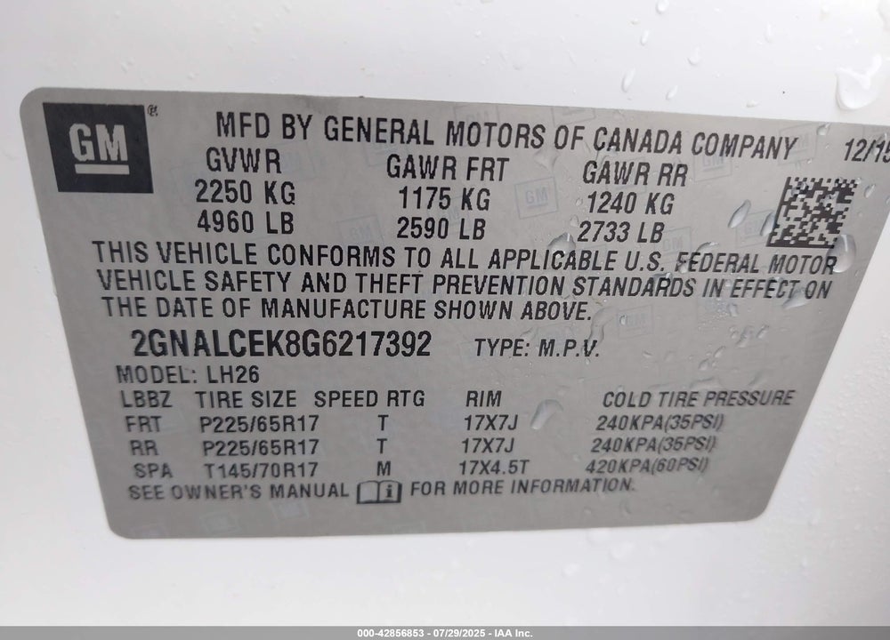 2016 CHEVROLET EQUINOX VIN: 2GNALCEK8G6217392