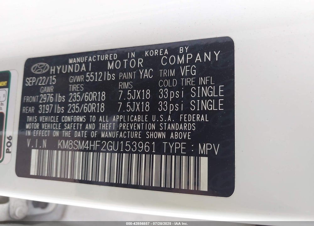 2016 HYUNDAI SANTA FE VIN: KM8SM4HF2GU153961
