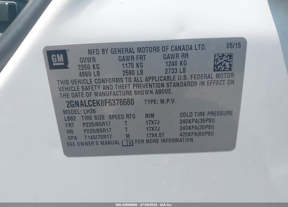2015 CHEVROLET EQUINOX 2LT VIN: 2GNALCEK8F6378680