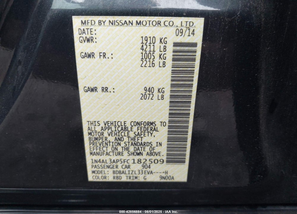 2015 NISSAN ALTIMA VIN: 1N4AL3AP5FC182509