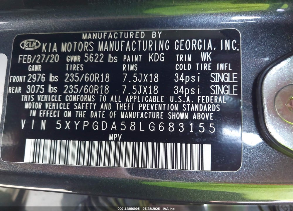 2020 KIA SORENTO VIN: 5XYPGDA58LG683155