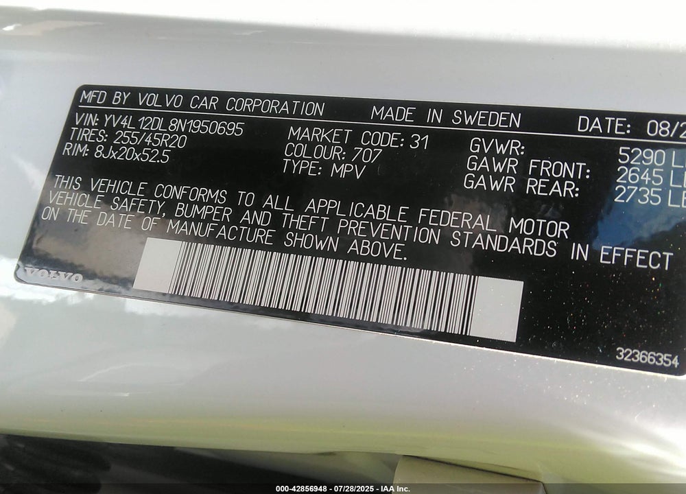 2022 VOLVO XC60 VIN: YV4L12DL8N1950695
