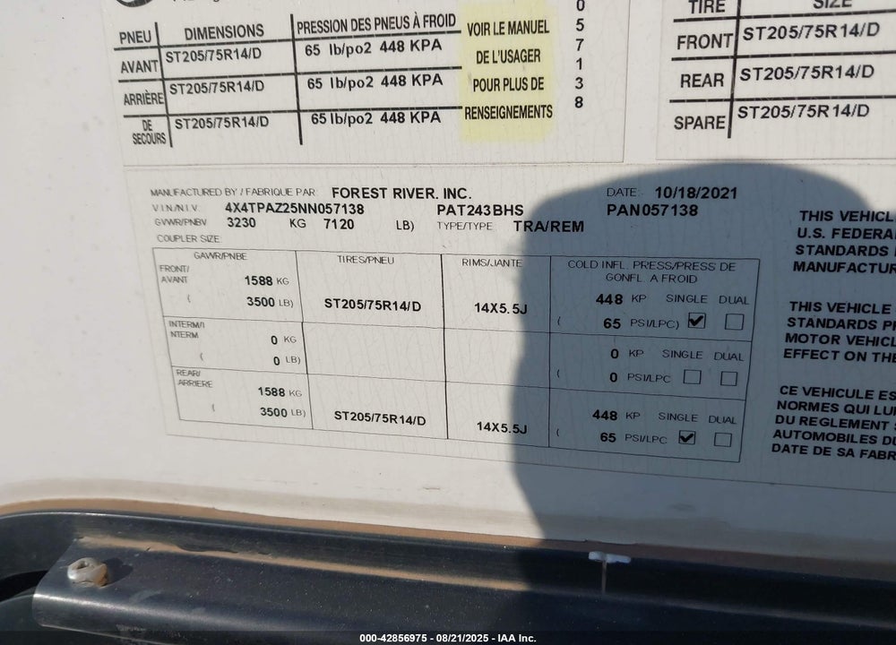 2022 PALOMINO OTHER VIN: 4X4TPAZ25NN057138