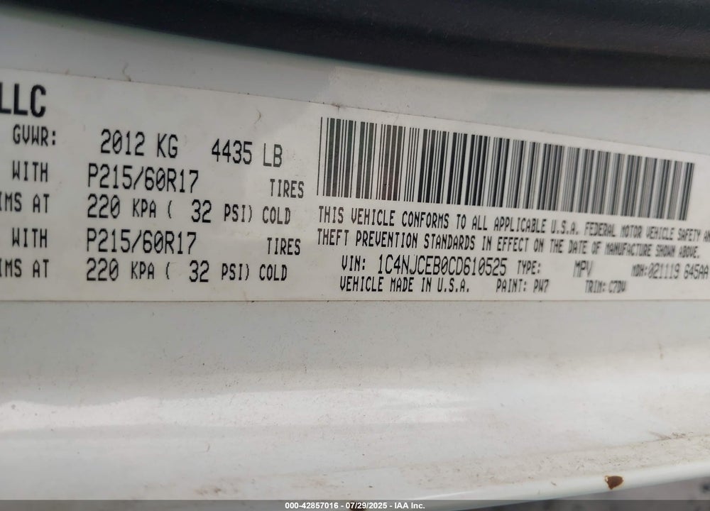 2012 JEEP COMPASS VIN: 1C4NJCEB0CD610525