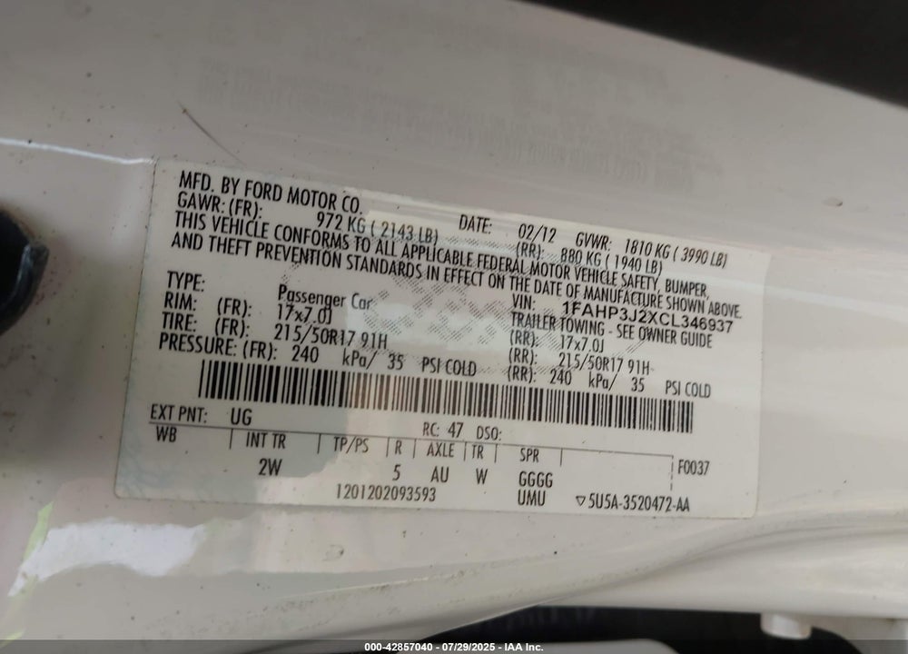 2012 FORD FOCUS VIN: 1FAHP3J2XCL346937