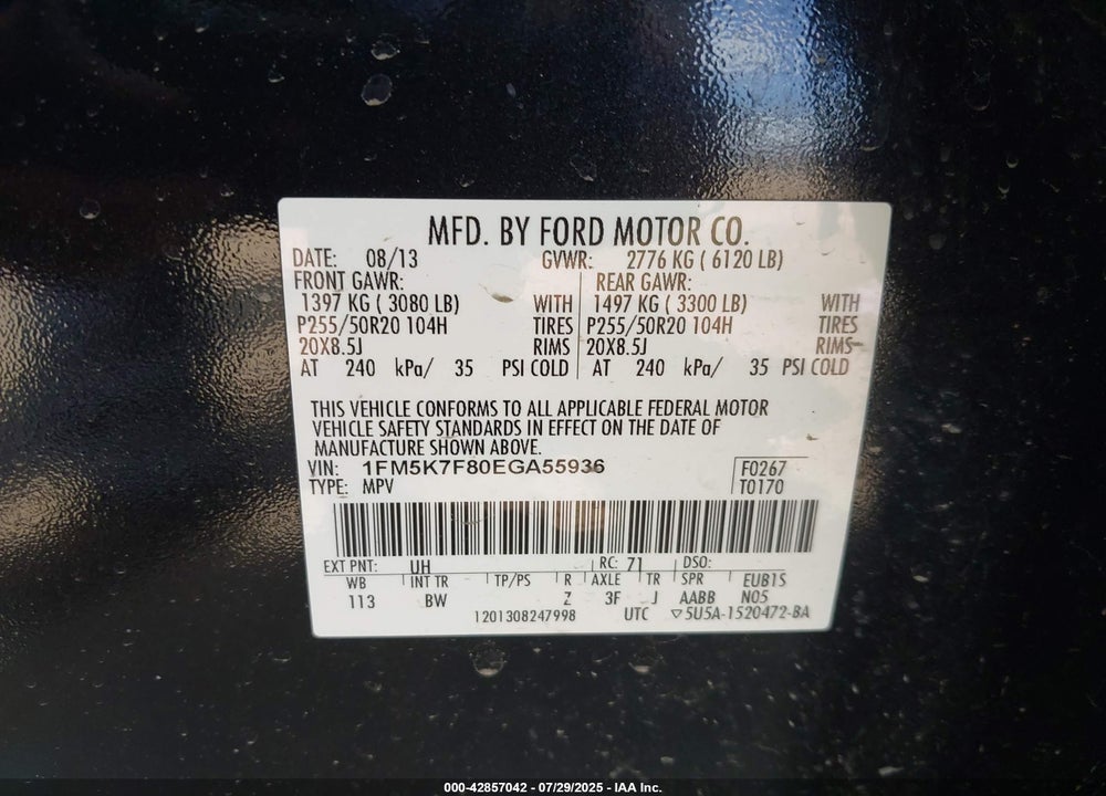 2014 FORD EXPLORER VIN: 1FM5K7F80EGA55936