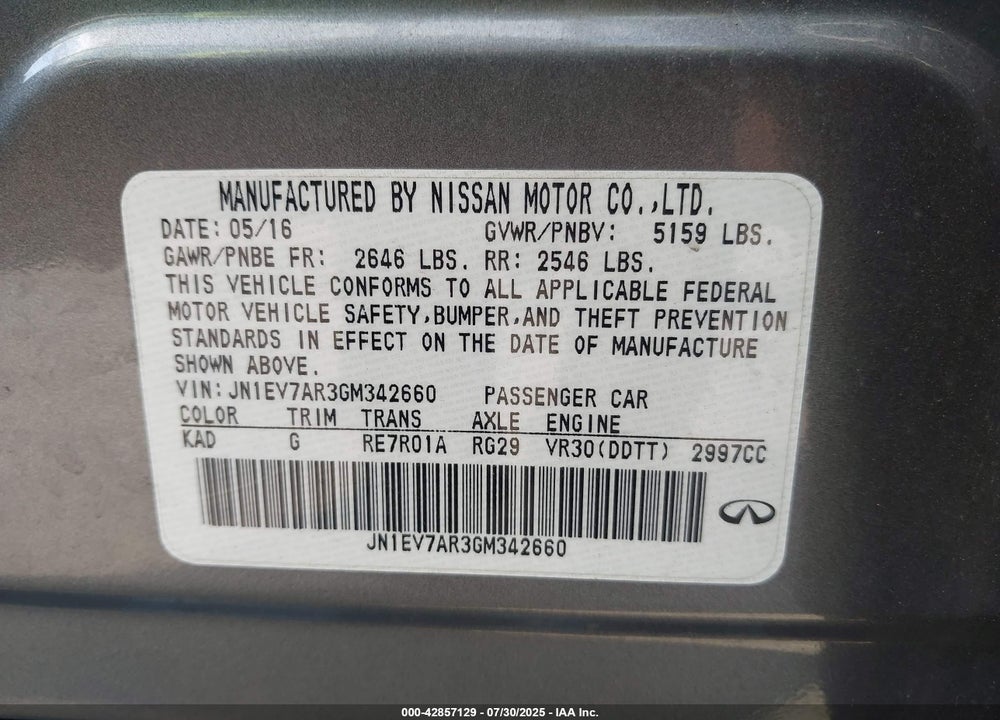 2016 INFINITI Q50 VIN: JN1EV7AR3GM342660